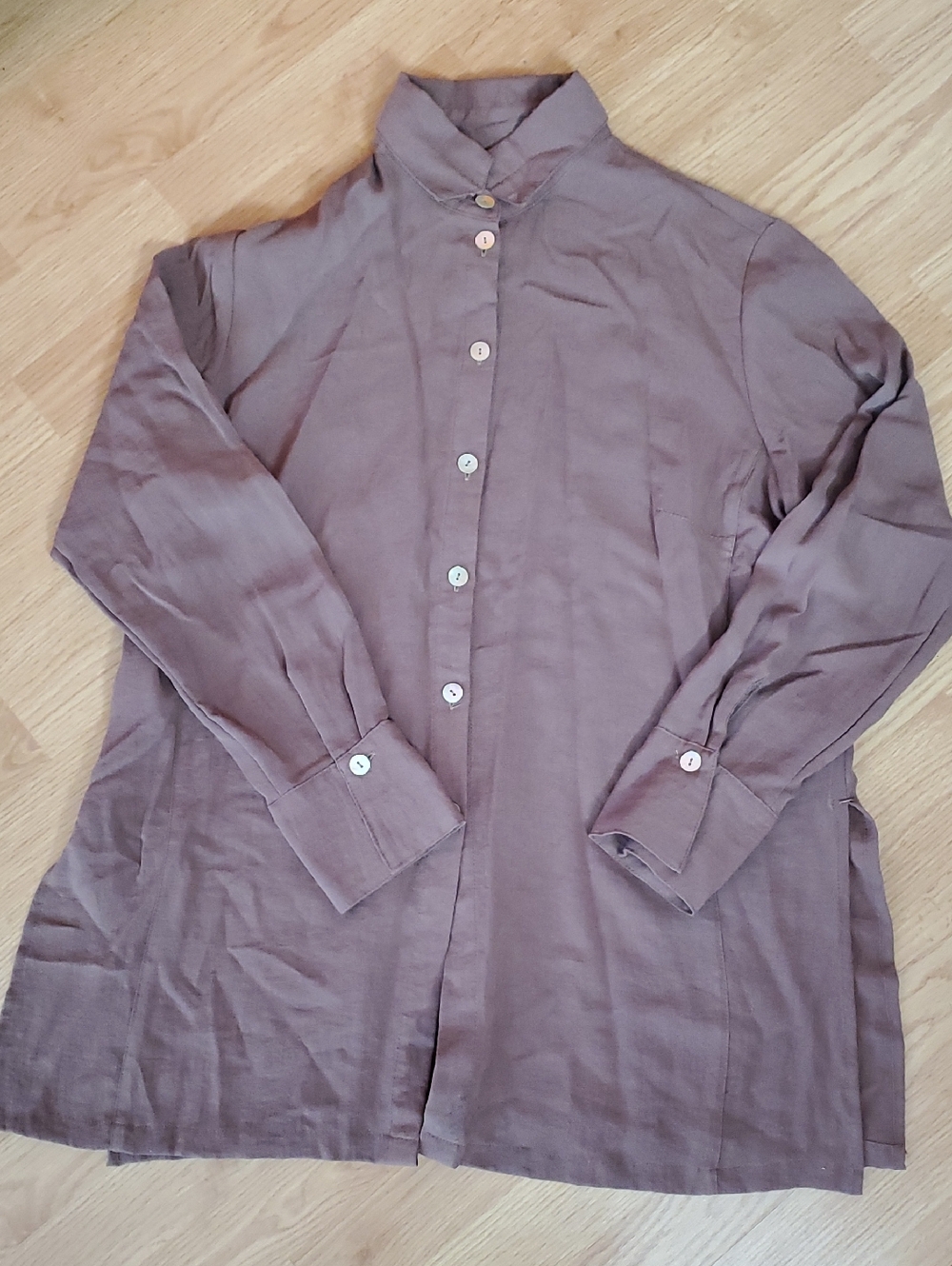 Women Linen Long-Sleeve Button Front Blouse Tunic in Mauve Brown size  XL